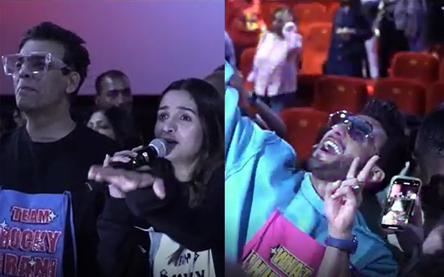 Ranveer, Alia and Karan Johar surprised fans in a theatre (Source - Twitter)