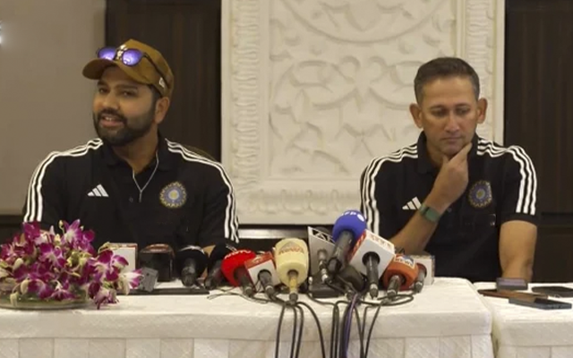 Rohit Sharma and Ajit Agarkar during India's squad announcement (Source - Twitter)