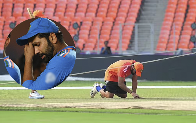 Rohit Sharma assessing Ahmedabad pitch (Source - Twitter)